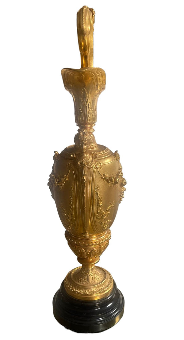 Pair of French Belle Époque Gilt Bronze Ewers on Marble Bases. Late 19th Century