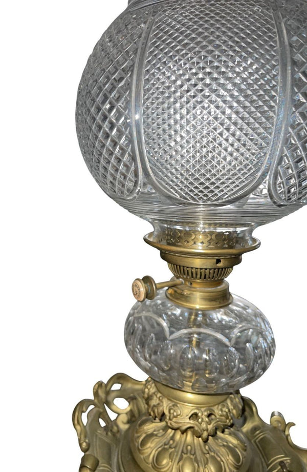 Large Italian Bronze Oil Lamp Electrified Cut Glass Cherub Base