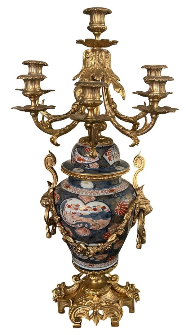 19th Century French Imari Porcelain & Patinated Bronze Garniture Clock Set