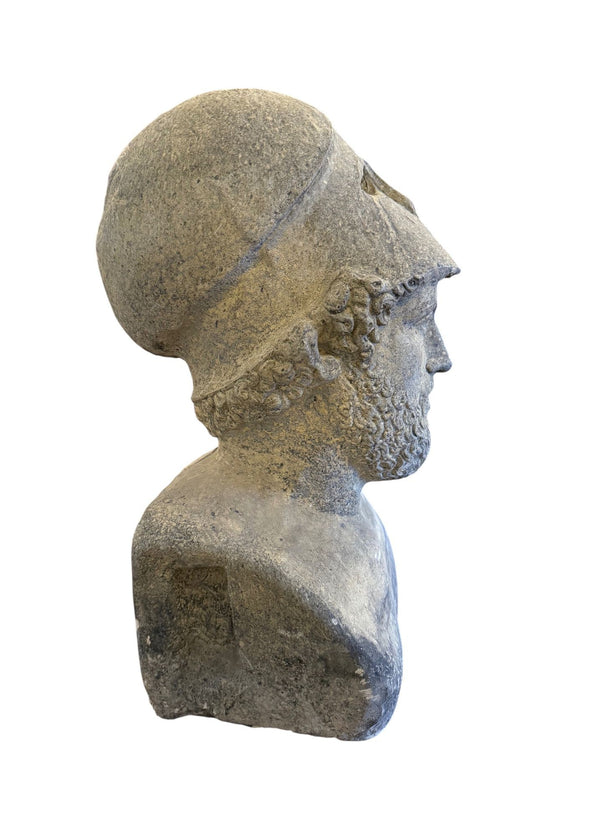 Carved Stone Bust of Pericles with Corinthian Helmet. Italy, 20th Century.