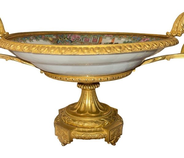 Late 19th C. French Gilt Bronze Mounted Chinese Famille Rose Centerpiece Tazza