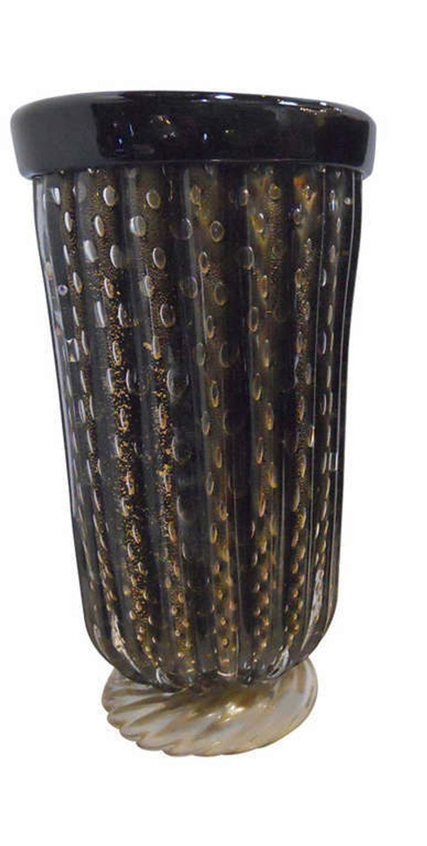 Elegant Pair of Murano Black & Gold Vases by Pino Signoretto. Italy, 1960's.