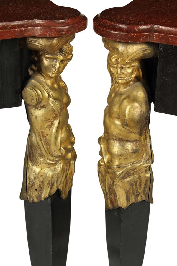 Pair of Early 19th Century Italian Gilt Bronze Mounted Ebonized Console Tables