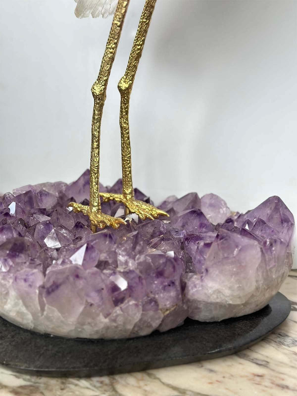 Rock Crystal Bird Sculpture with Amethyst Stand
