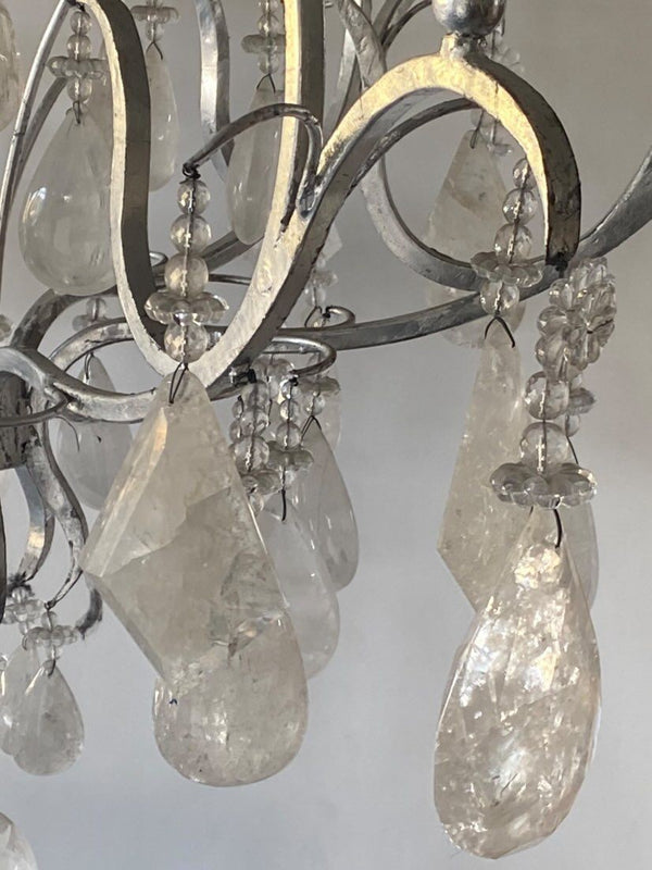 Large Silver Leaf Wrought Iron & Rock Crystal 6-Light Chandelier, 20th Century.