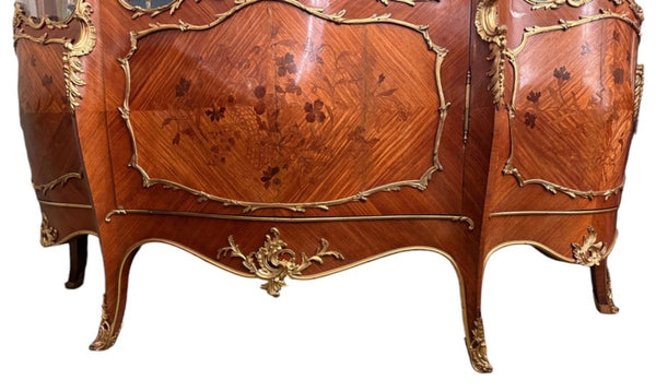 19th Century French Louis XV-Style Marquetry Vitrine with Gilt Bronze.