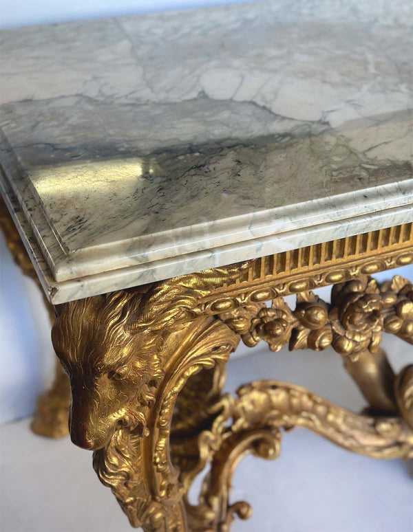 Important Late 19th C. English Neoclassical Giltwood Console Table w/ Marble Top
