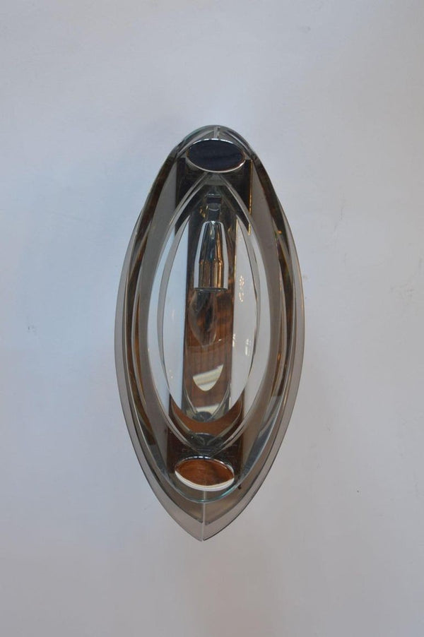Pair of 1960's Fontana Arte Chrome and Tri-Level Glass Sconces