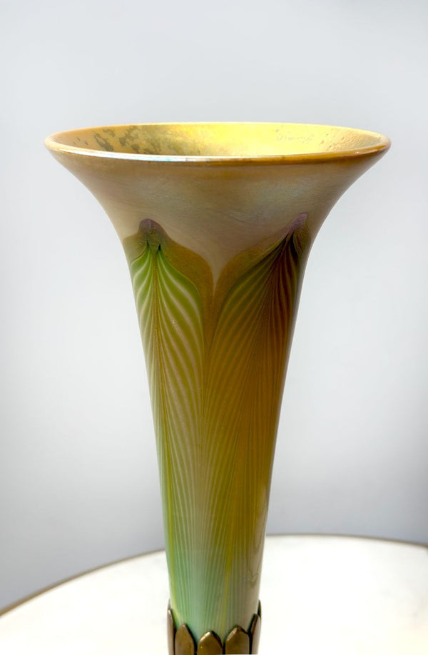 L.C. Tiffany Favrile Glass and Gilt Bronze Trumpet Vase, No. 1043