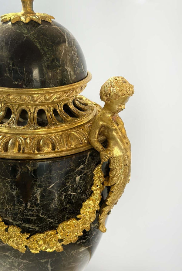 Pair of French 19th Century Luis XVI Bronze & Marble Urns