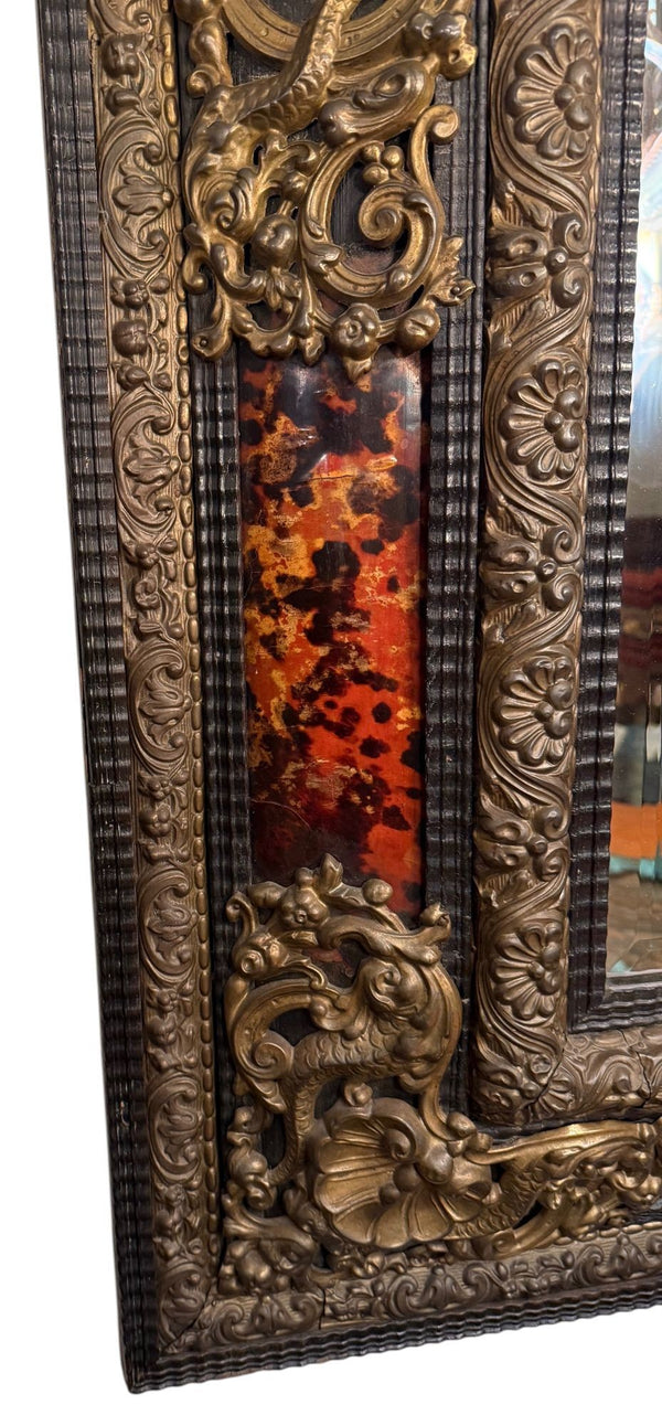 19th Century Flemish Repoussé Brass & Tortoiseshell-Pattern Mirror