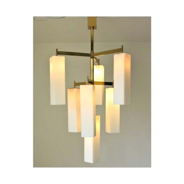 Italian Modern Chandelier w/ Frosted White Rectangular Murano Glass, 2017