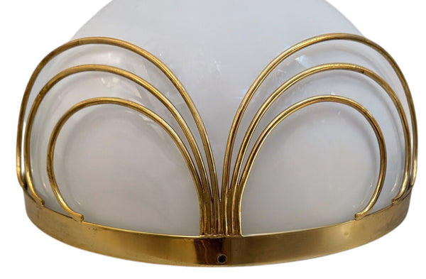 Pair of Italian Mid-Century Half-Moon Murano Opaline Glass & Brass Wall Sconces.