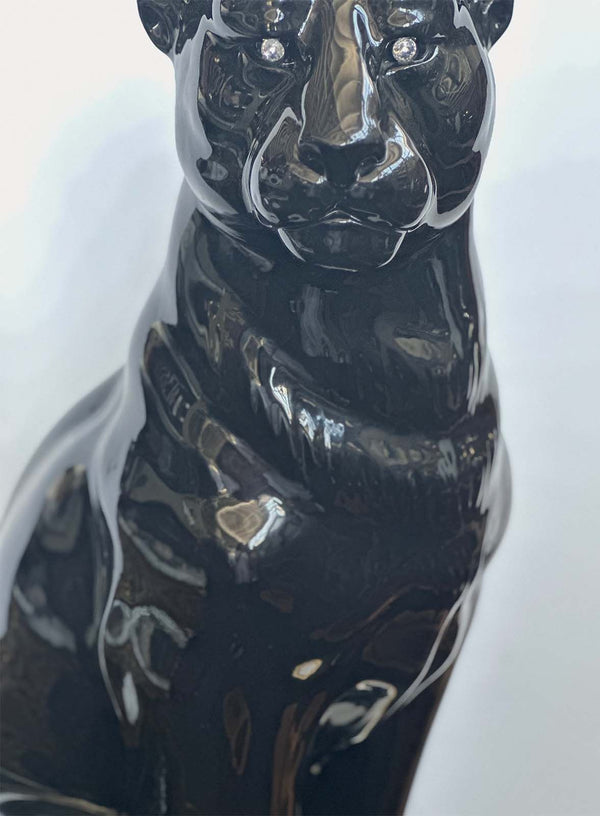 Vintage Italian Black Panther Ceramic Sculpture with Swarovski Crystals, c. 1980's