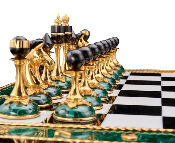 20th Century Russian Dolerite, Malachite & Kascholong Opal Chess Set.