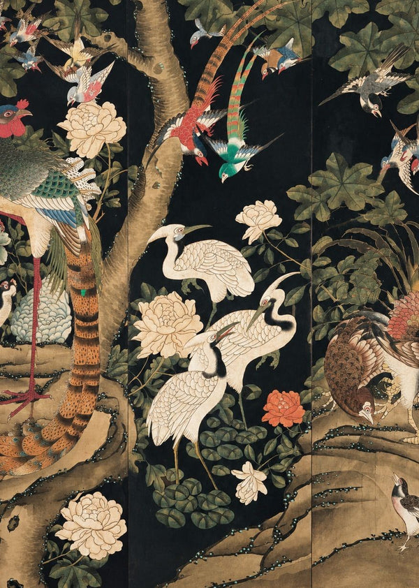 Oversized 19th C. Chinese Handpainted Hundred Birds Paying Homage to the Phoenix