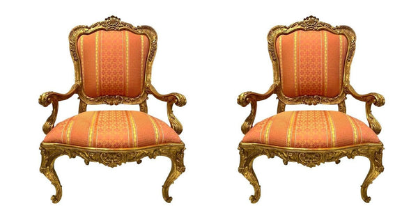 Pair of 20th Century Italian Hand-Carved Water Gilt Armchairs