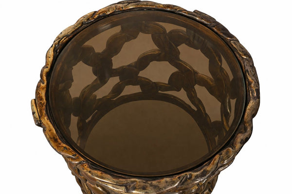 Pair Tony Duquette Ribbon Drum End Tables Gold Leaf Bronze Glass. U.S.A. 1970's.