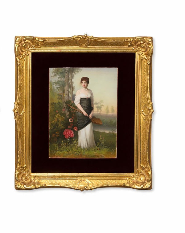 19th Century Pair Italian Porcelain Plaques on Gilt Frames with Red Velvet Mats