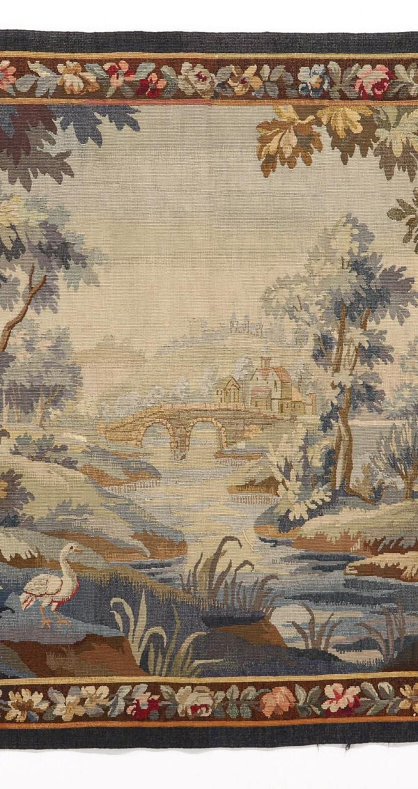 19th Century Flemish (Belgium) Pictorial Verdure Wool Tapestry Signed A.M.R.B.