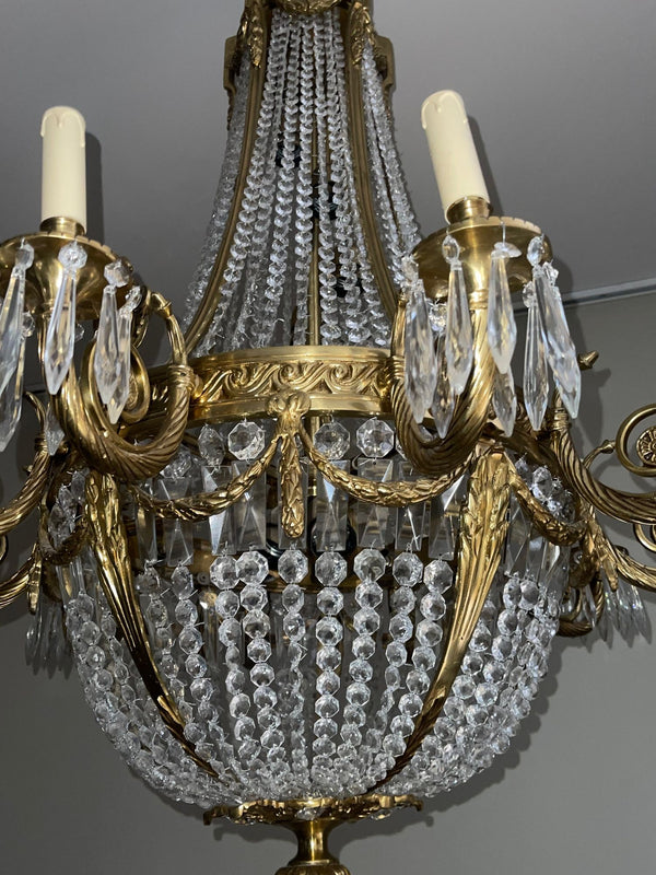 Pair of Early 20th Century French Bronze Chandeliers with Crystal.