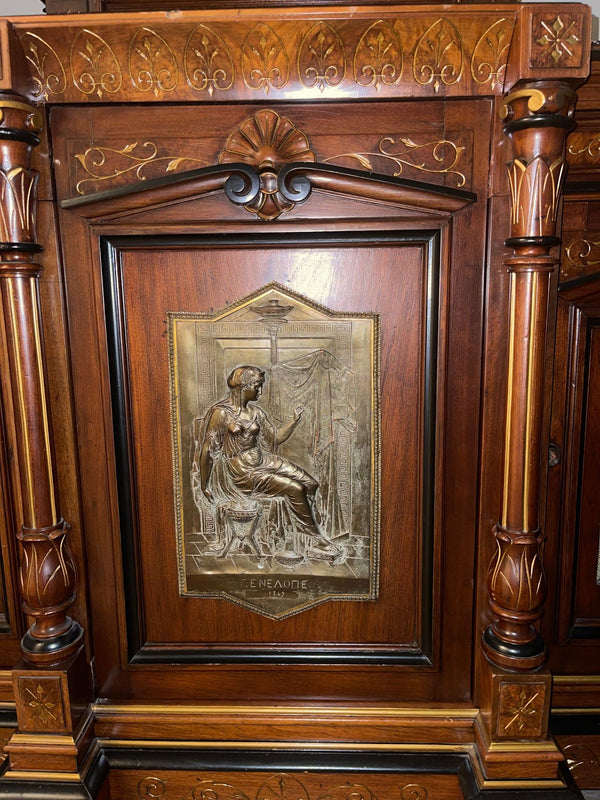 Late 19th C. French Renaissance Revival Cabinet w/ Relief Panels & Marble Tops.