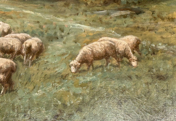 G. A. Hays American Sheep Pasture Landscape Oil Painting, circa 1900.