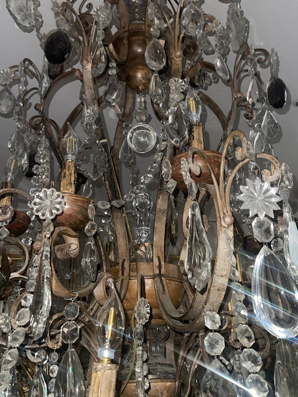 Monumental Venetian Wrought Iron, Wood & Crystal Chandelier Early 19th Century