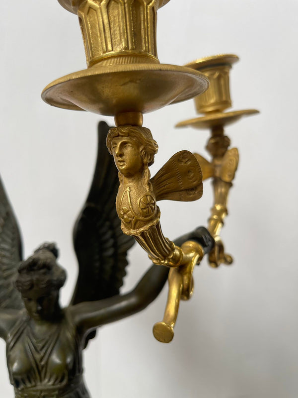 Pair 19th C French Empire Parcel Gilt Bronze Candelabra w/ Winged Maiden Figures