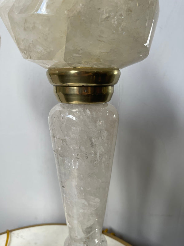 Pair of 20th C. Rock Crystal Lamps with Flame-Style Shades and Brass Details