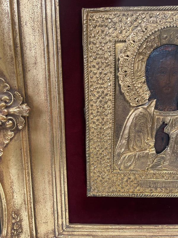 19th Century Russian Icon of Christ Pantocrator with Gold Metal and Gilt Frame