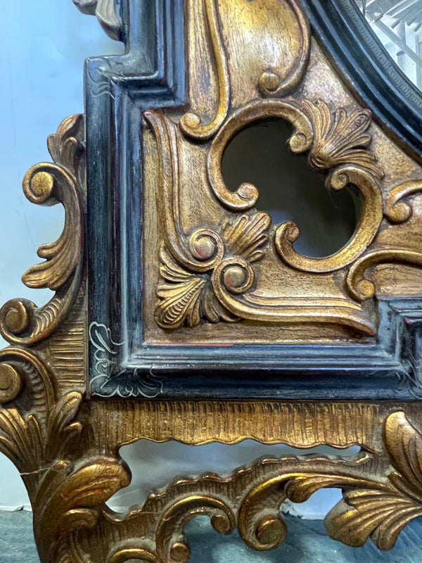 19th C. Carved Rococo-Style Black and Gold Mirror with Painted Hanging Garlands