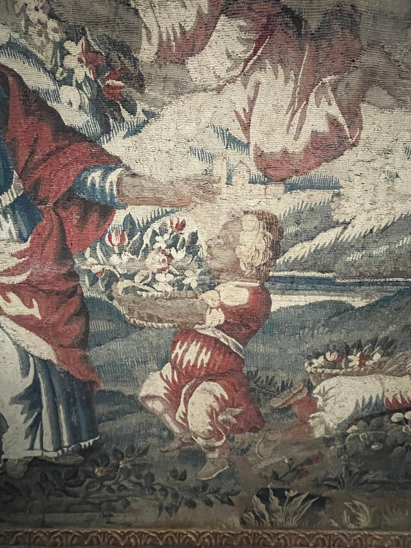 17th Century Flemish Baroque Tapestry Fragment in Later Giltwood Frame. Belgium.