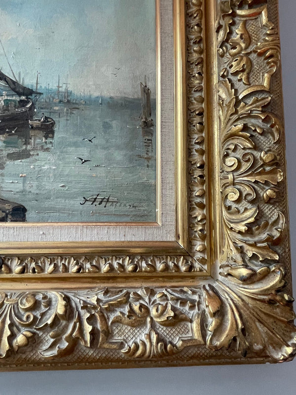 A. Masson “Anvers from the River” Oil Painting. 19th Century, France.