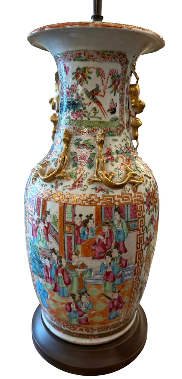 Pair of Late 19th Century Chinese Canton Rose Medallion Lamps