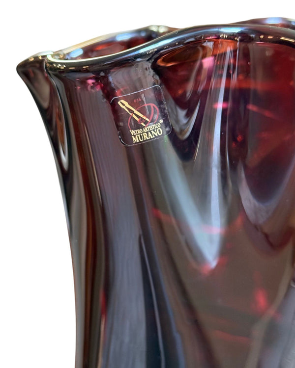 Signed Camozzo Murano Dark Amethyst Art Glass Vase with Gold Flecks.