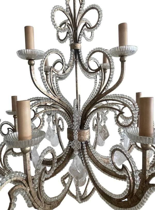 Pair of French Silver Leaf Wrought Iron Chandeliers w/ Rock Crystal–20th Century