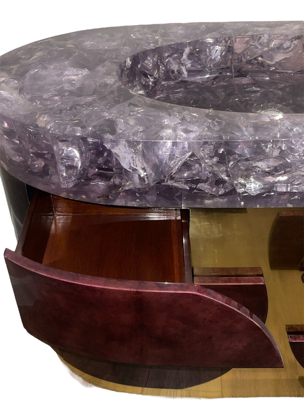Citron Bathroom Vanity Cabinet-Hand-Dyed Eggplant Goatskin w/ Crystal Resin Sink