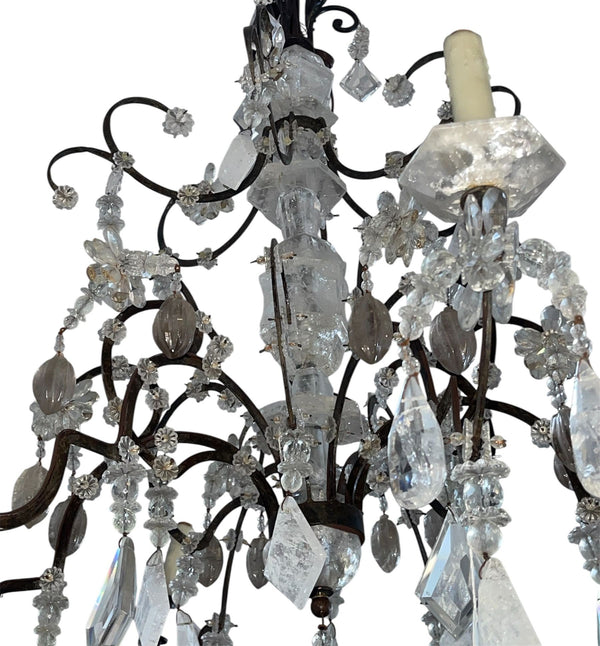 French 1950's Wrought Iron, Cut Glass and Rock Crystal Chandelier