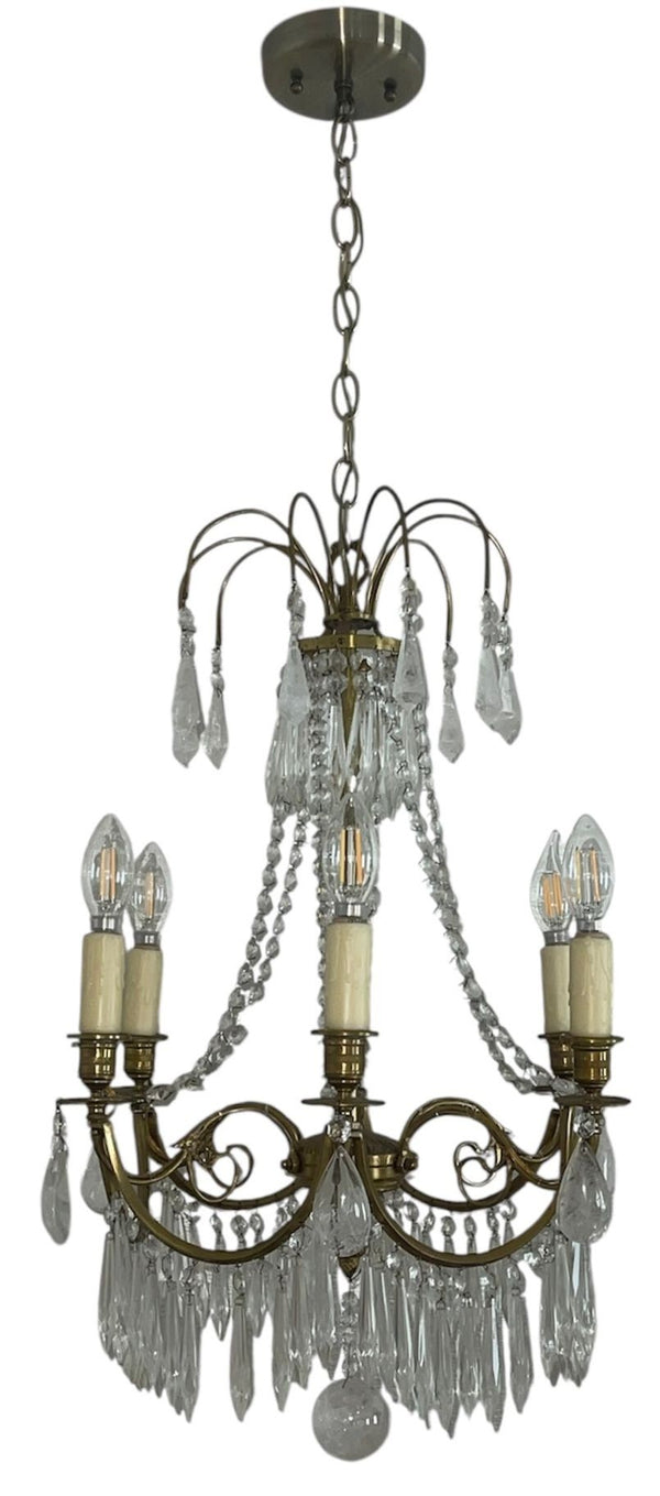 Pair of French Brass Chandeliers with Rock Crystal & Glass. Early 20th century.