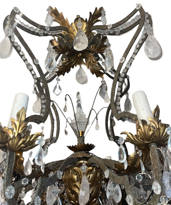 Impressive Early 20th Century French Wrought Iron and Rock Crystal Chandelier