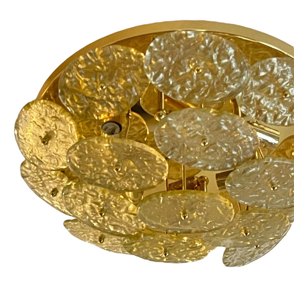 Italian "Galattico" Flush Mount with Gold Textured Murano Glass Discs, 1980's.