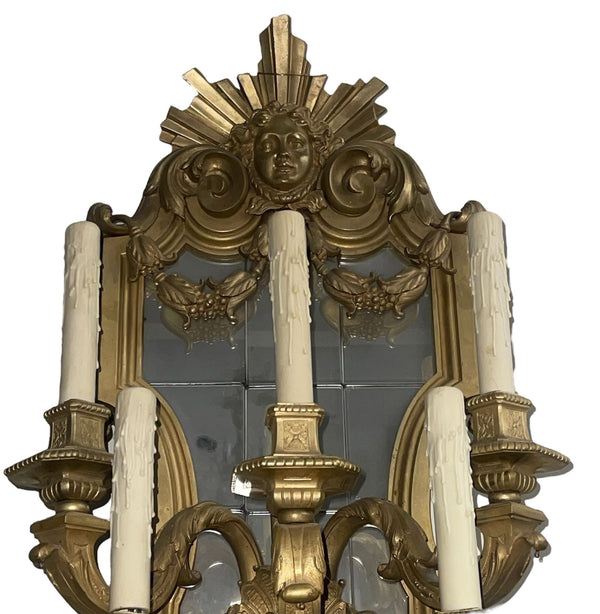 Late 19th Century Pair of French Gilt Bronze Mirrored Wall Sconces Regency Style