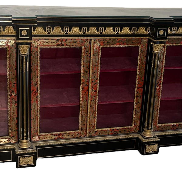 19th C. Napoleon III French Boulle Bronze Mounted Vitrine Cabinet w/ Glass Top