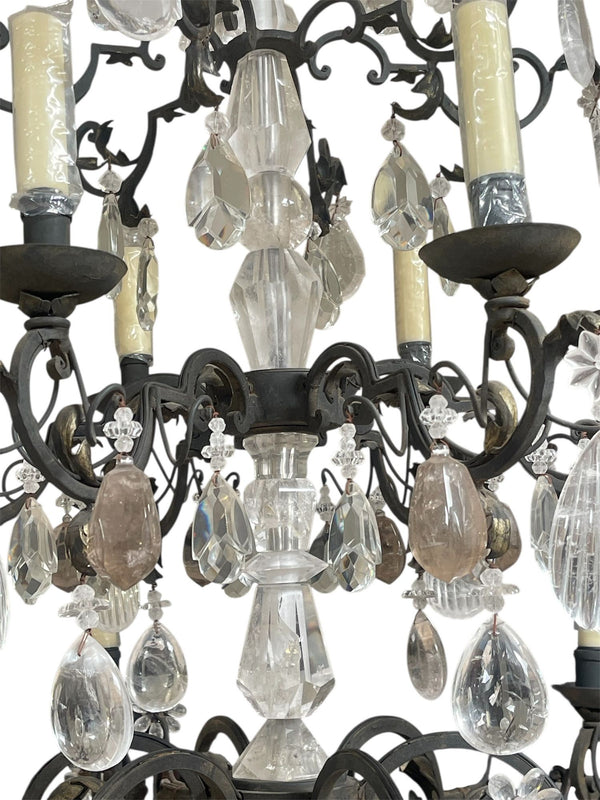 Hand-Carved Rock Crystal and Wrought Iron Chandelier. U.S.A. Late 20th Century.