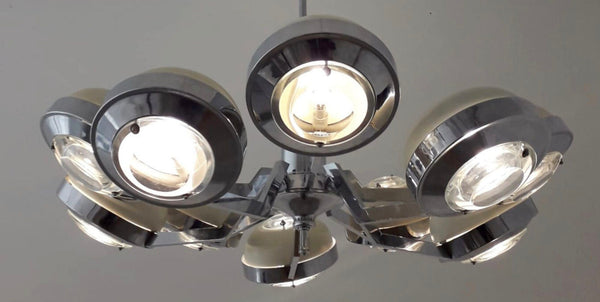 Chandelier with Glass Lens Diffusers and Enameled Metal Shades by Torlasco Italy