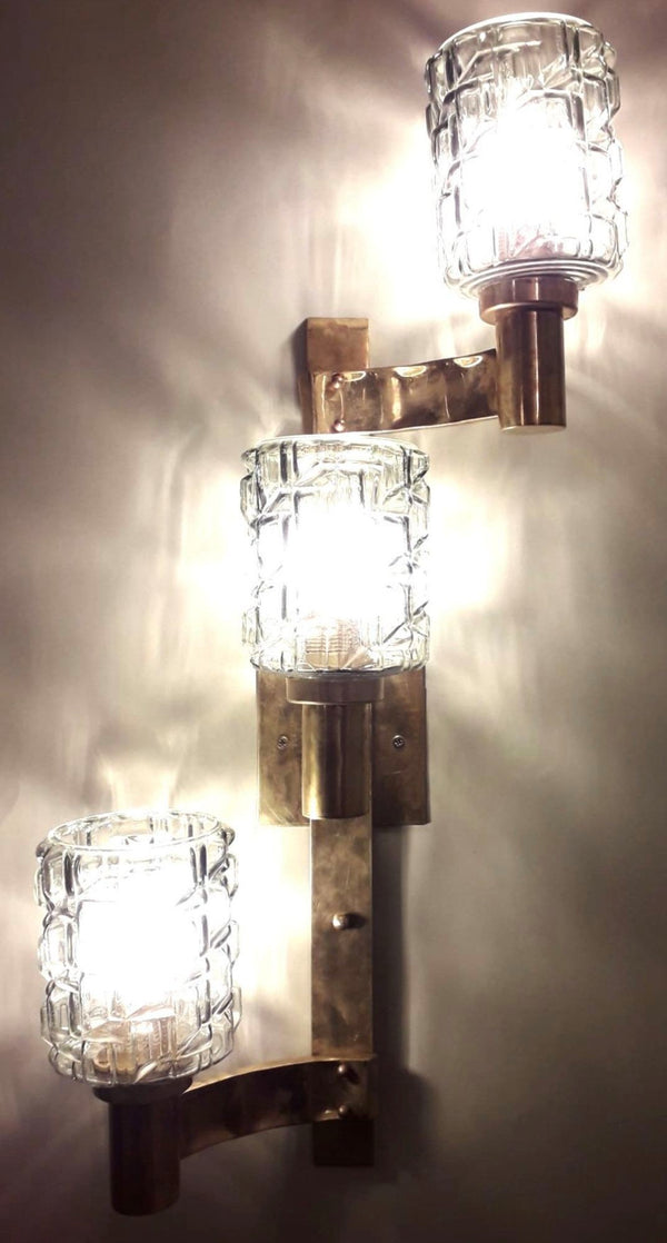 Set of Eight Triple Smoky Murano Glass Sconces. Italy, 1980's.