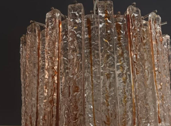 Pair of Amber/Clear Murano Glass Planks Chandeliers by Mazzega. Italy, 1960's.