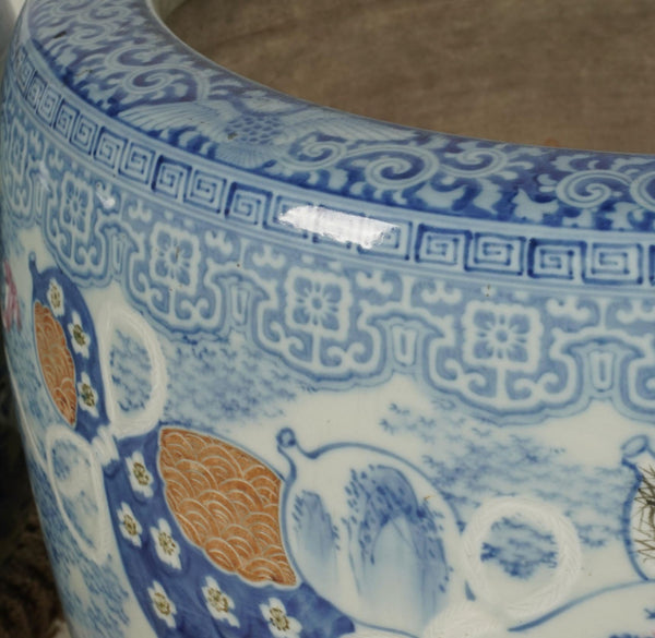 Japanese Blue & White Porcelain Hibachi / Fish Bowl Planter–Early 20th Century
