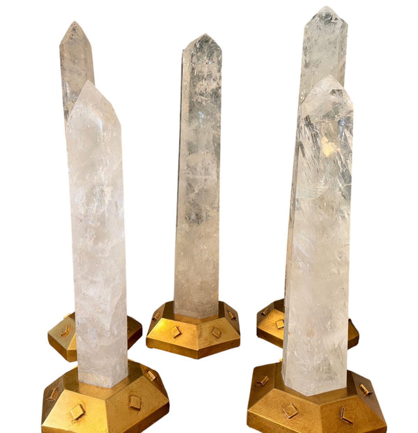 Set of Five Rock Crystal Obelisk Towers on Giltwood Bases. U.S.A. 20th Century.